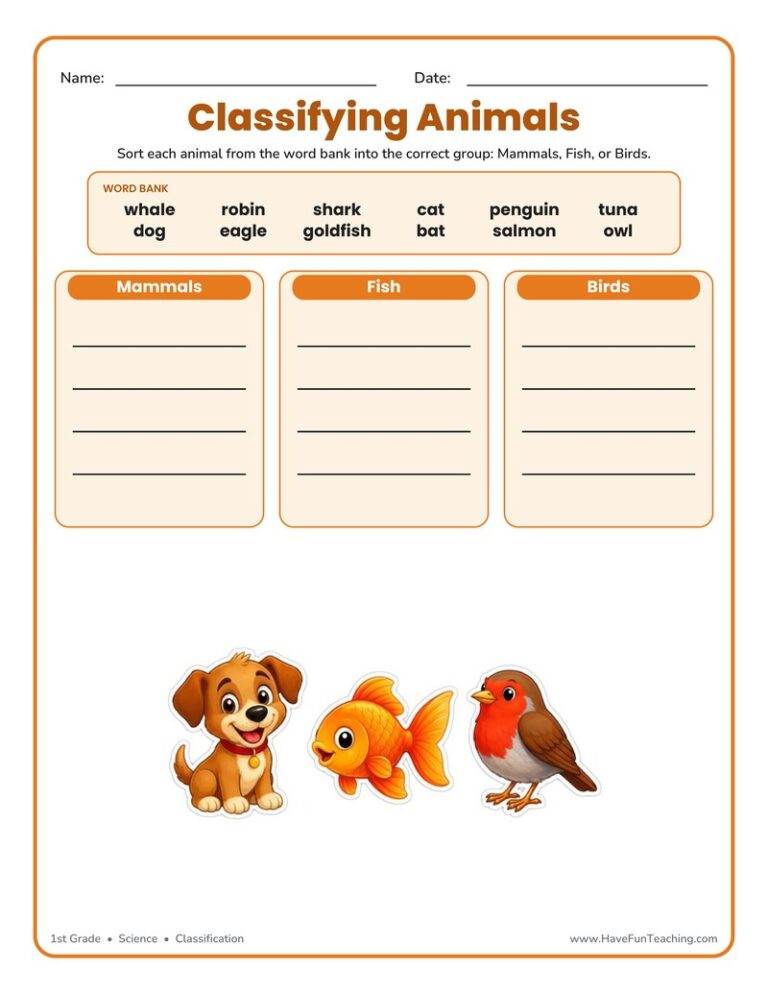 Mammals, Fish, or Birds Classifying Animals Worksheet