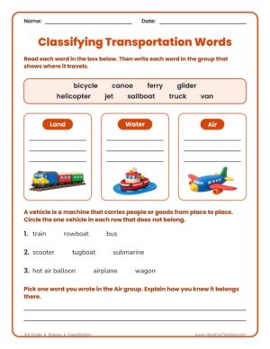 3rd Grade Classification Worksheet: sorting transportation words into land, water, or air groups