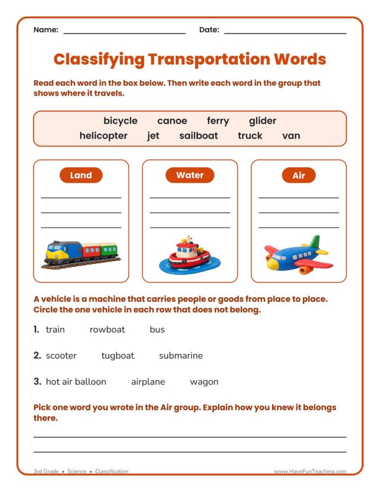 Land, Water, or Air Classifying Transportation Worksheet