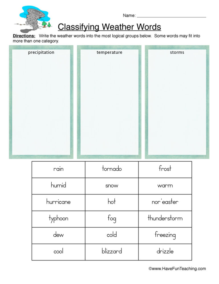 Classifying Types of Weather Worksheet