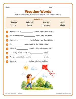 Weather Words fill in the blank worksheet for 2nd grade science