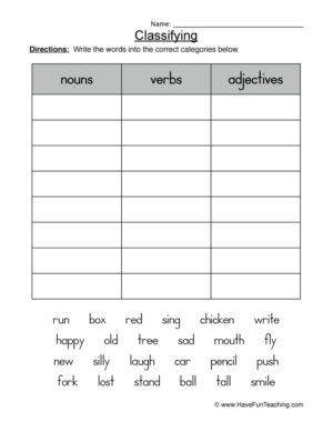 Classifying Nouns Verbs Adjectives Worksheet