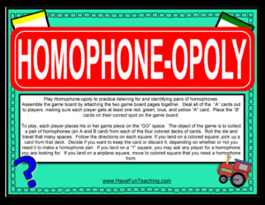 Homophoneopoly Homophones Activity