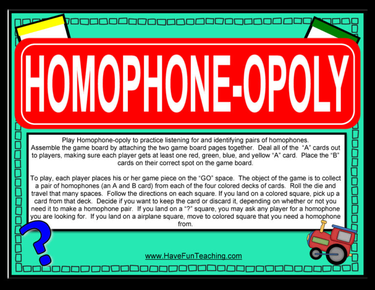 Homophoneopoly Homophones Activity