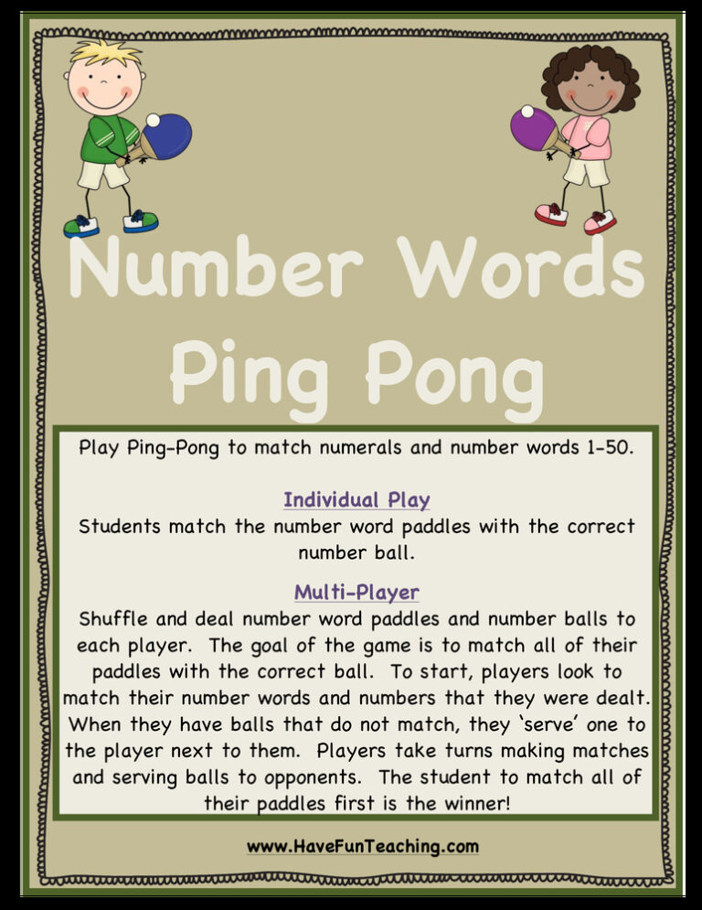 Number Words Ping Pong Activity