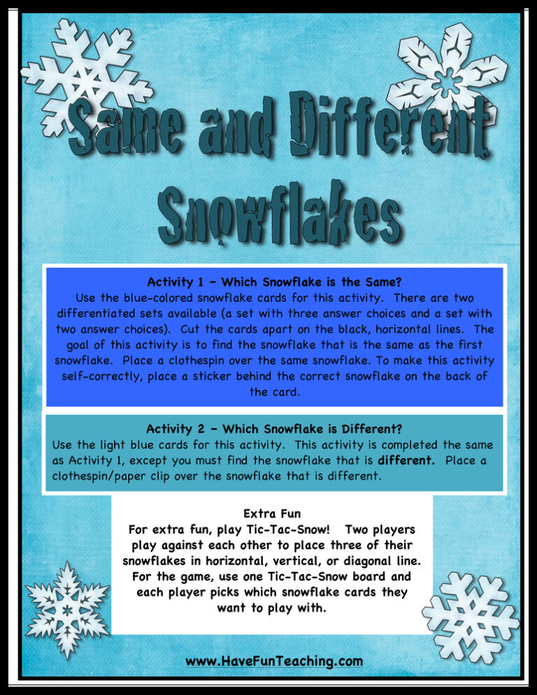 Same and Different Snowflakes Opposites Activity
