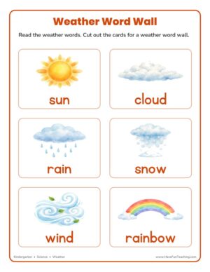 Kindergarten weather word wall cards for sun, cloud, rain, snow, wind and rainbow