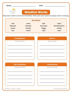 2nd grade weather vocabulary sorting worksheet