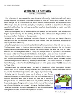 Welcome to Kentucky Reading Comprehension Worksheet