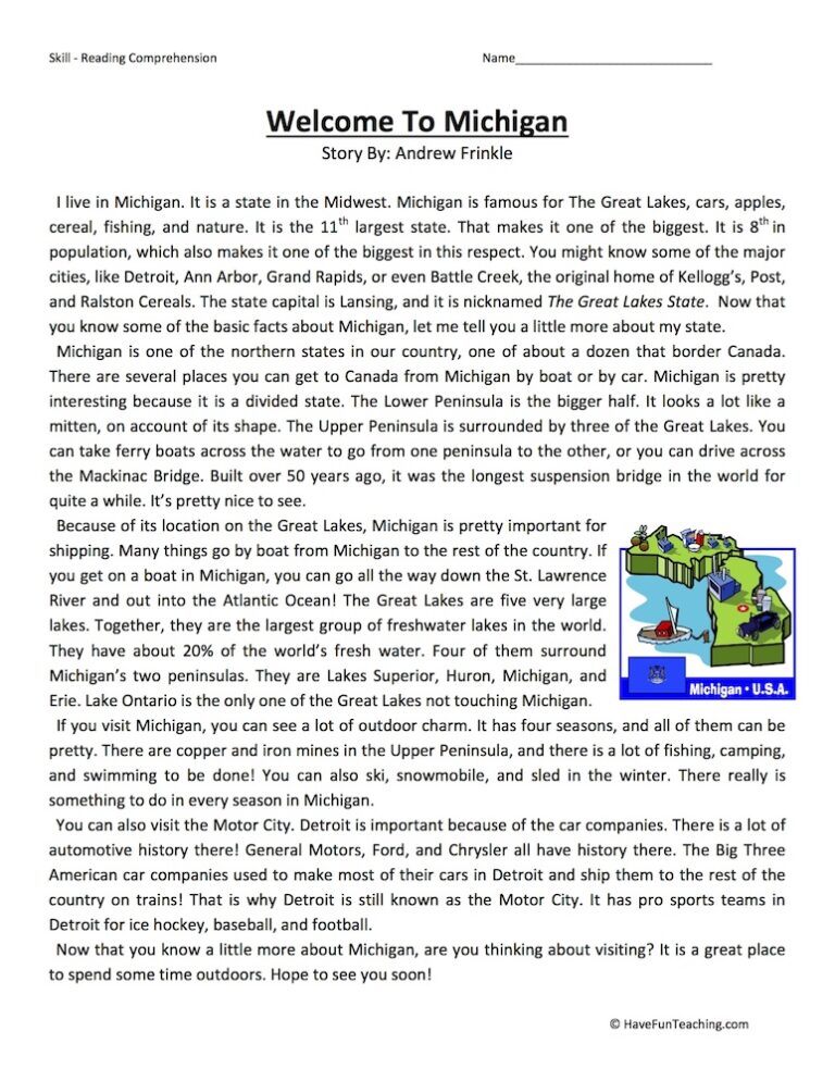 Welcome to Michigan Reading Comprehension Worksheet