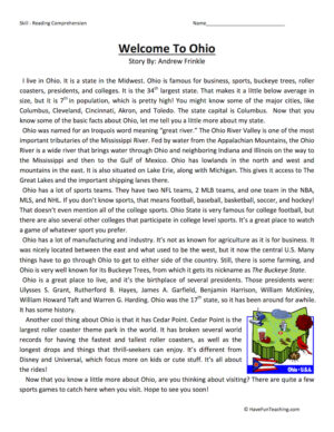 Welcome to Ohio Reading Comprehension Worksheet