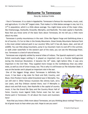 Welcome to Tennessee Reading Comprehension Worksheet