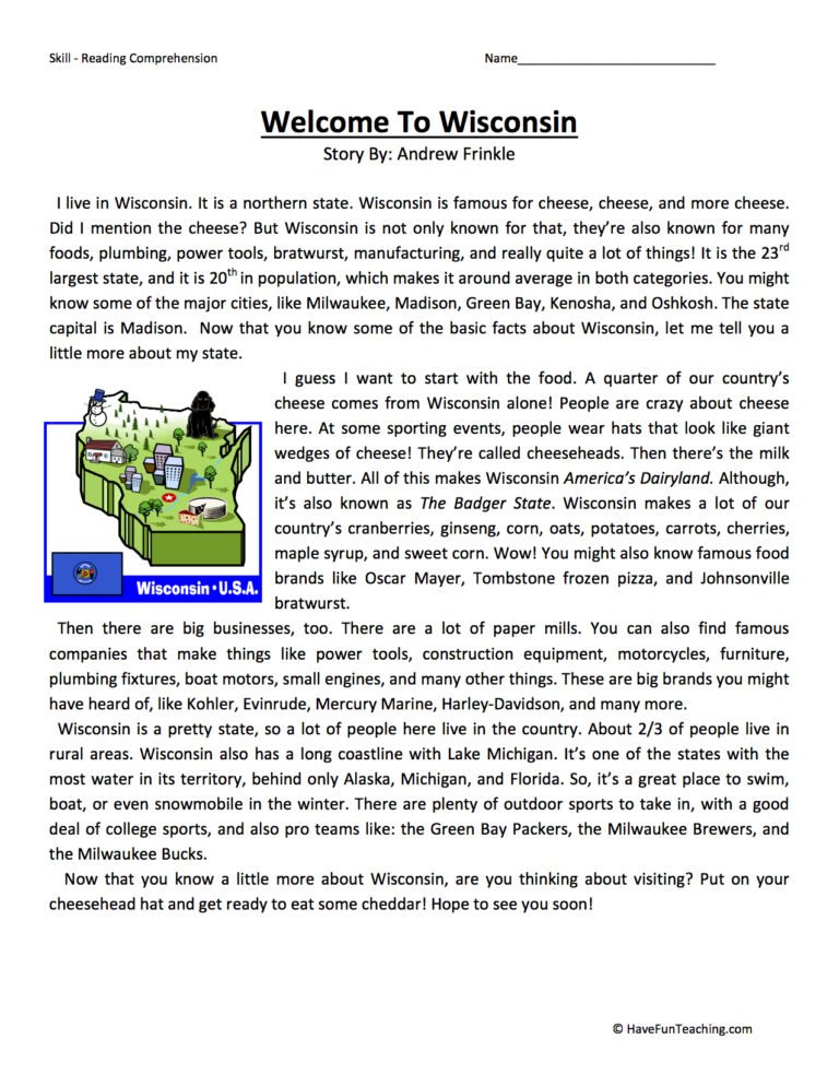 Welcome to Wisconsin Reading Comprehension Worksheet