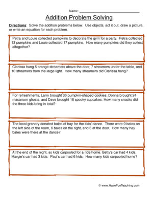 Addition Problem Solving Addends to 40 Worksheet