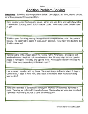 Three Addends Addition Problem Solving Worksheet