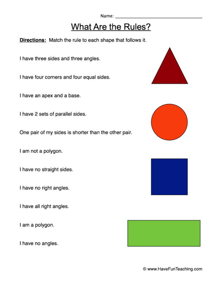 Matching Shape Attributes Worksheet