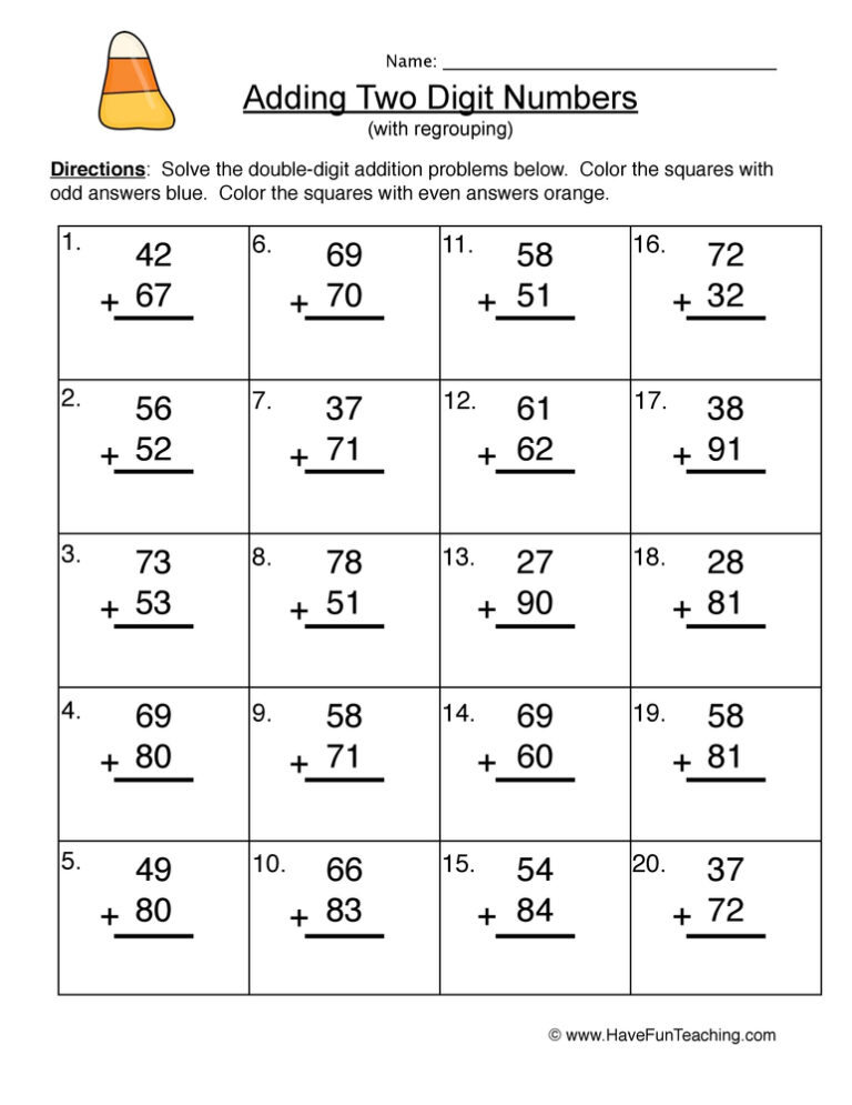Double Digit Addition Regrouping Worksheet