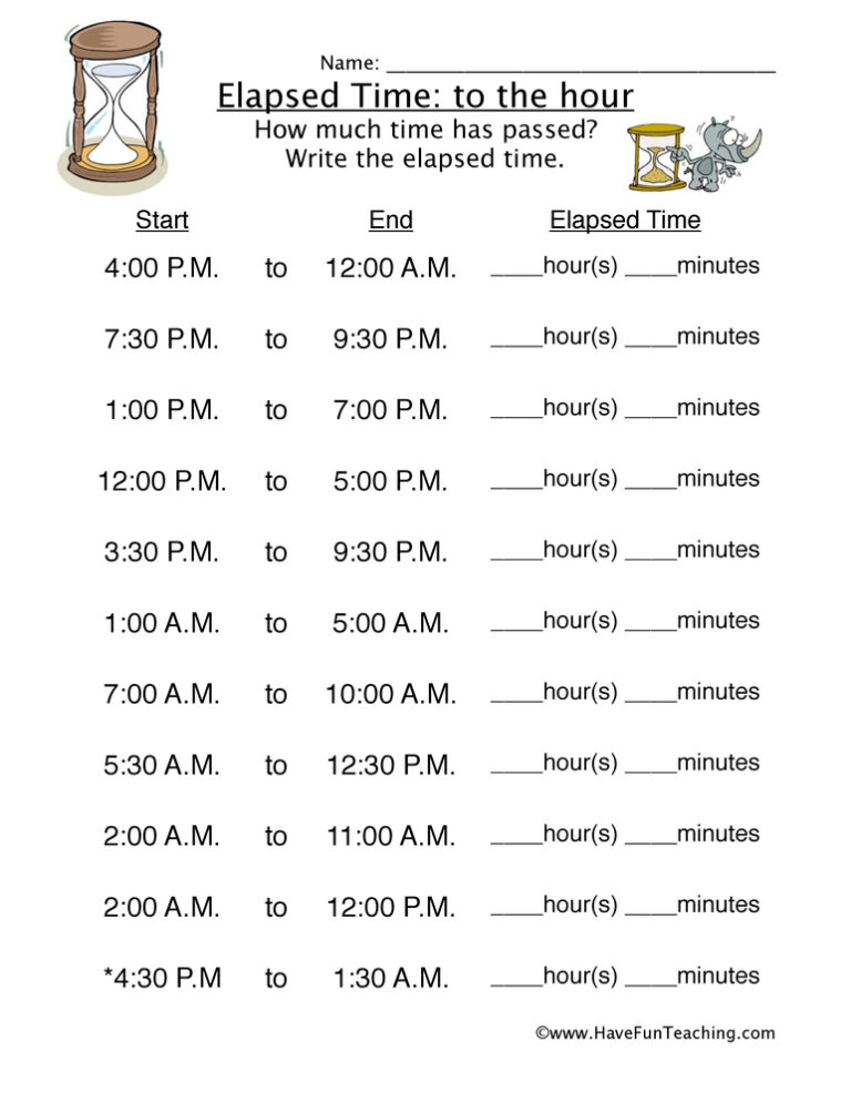 Elapsed Time Hour Worksheet