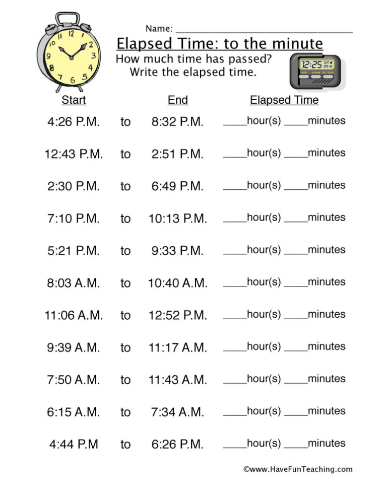 Elapsed Time Minute Worksheet