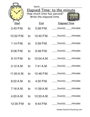 Minute Elapsed Time Worksheet