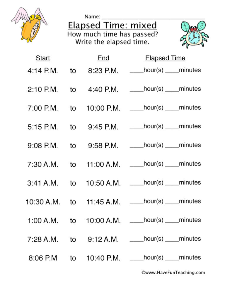 Elapsed Time Worksheet - Mixed