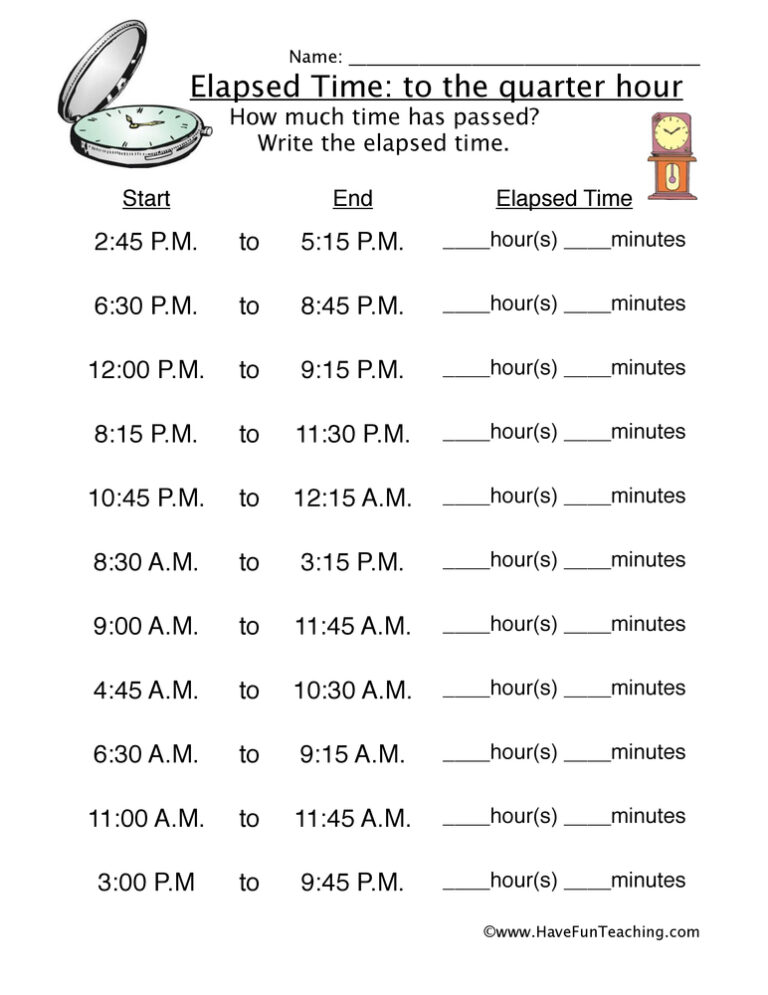 Quarter Hour Elapsed Time Worksheet