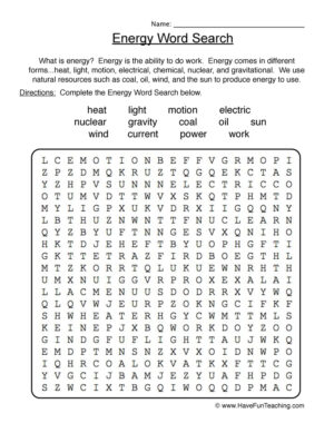 Energy Wordsearch Worksheet