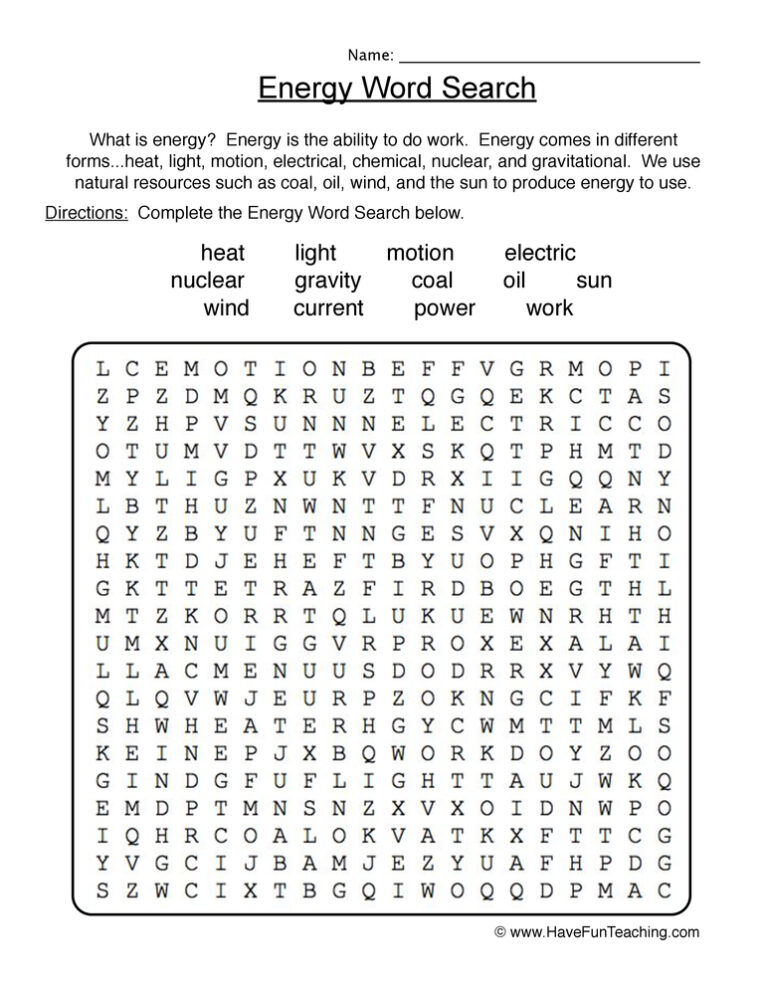 Energy Wordsearch Worksheet