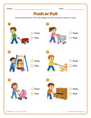 Push or pull force worksheet for kindergarten science