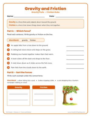 Gravity and Friction worksheet for 3rd grade students to identify gravity or friction forces