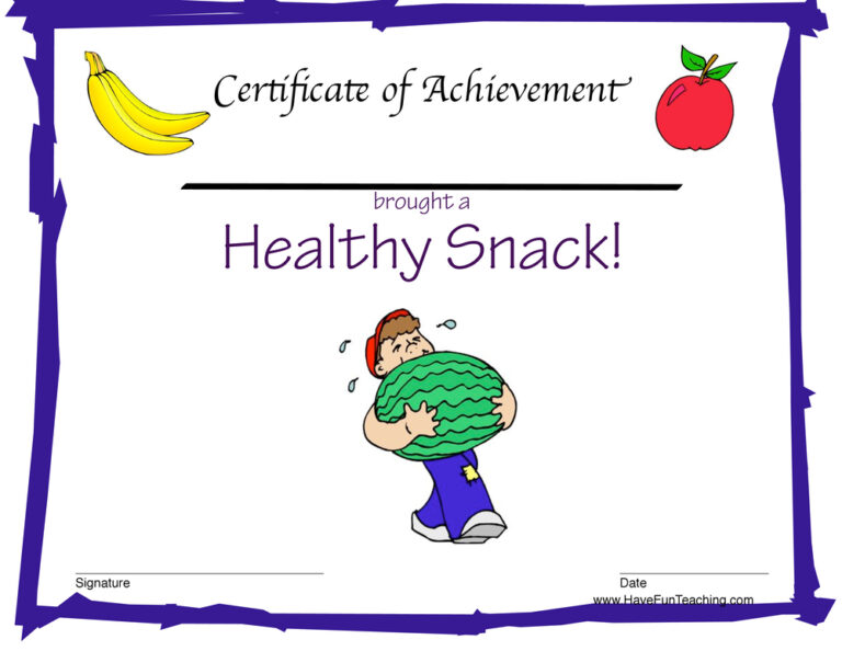Healthy Snack Reward Certificate for Boys