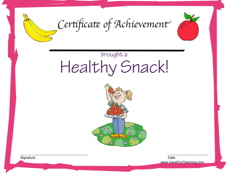 Healthy Snack Reward Certificate for Girls