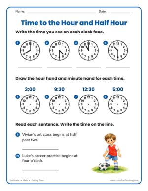 1st Grade telling time to the hour and half hour worksheet