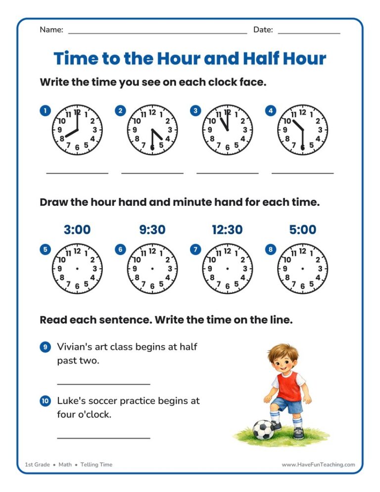 Hour Half Hour Time Worksheet
