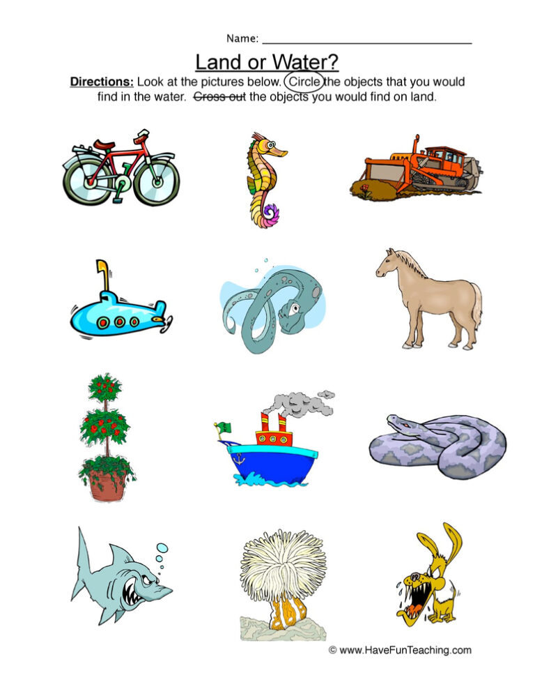 Land and Water Sorting Worksheet