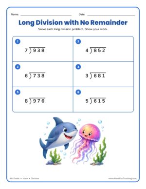 Long division no remainder worksheet for 4th grade with an ocean shark and jellyfish theme