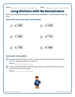4th grade long division with no remainders worksheet