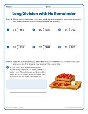 5th Grade long division worksheet with six two-digit-divisor problems and no remainders