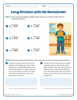 4th grade long division no remainder problems worksheet with six long-division problems and two word problems