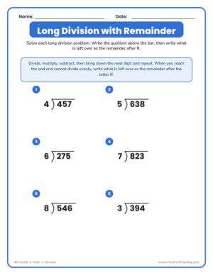 Long Division with Remainder worksheet with six three-digit long division problems in bracket format for 4th grade.