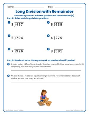 4th grade long division with remainder worksheet