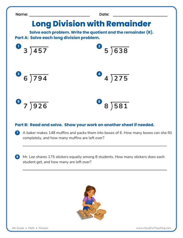 Long Division with Remainder Worksheet