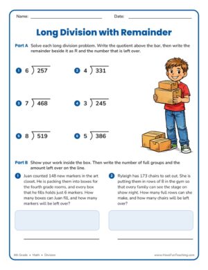 4th Grade long division problems with remainders worksheet