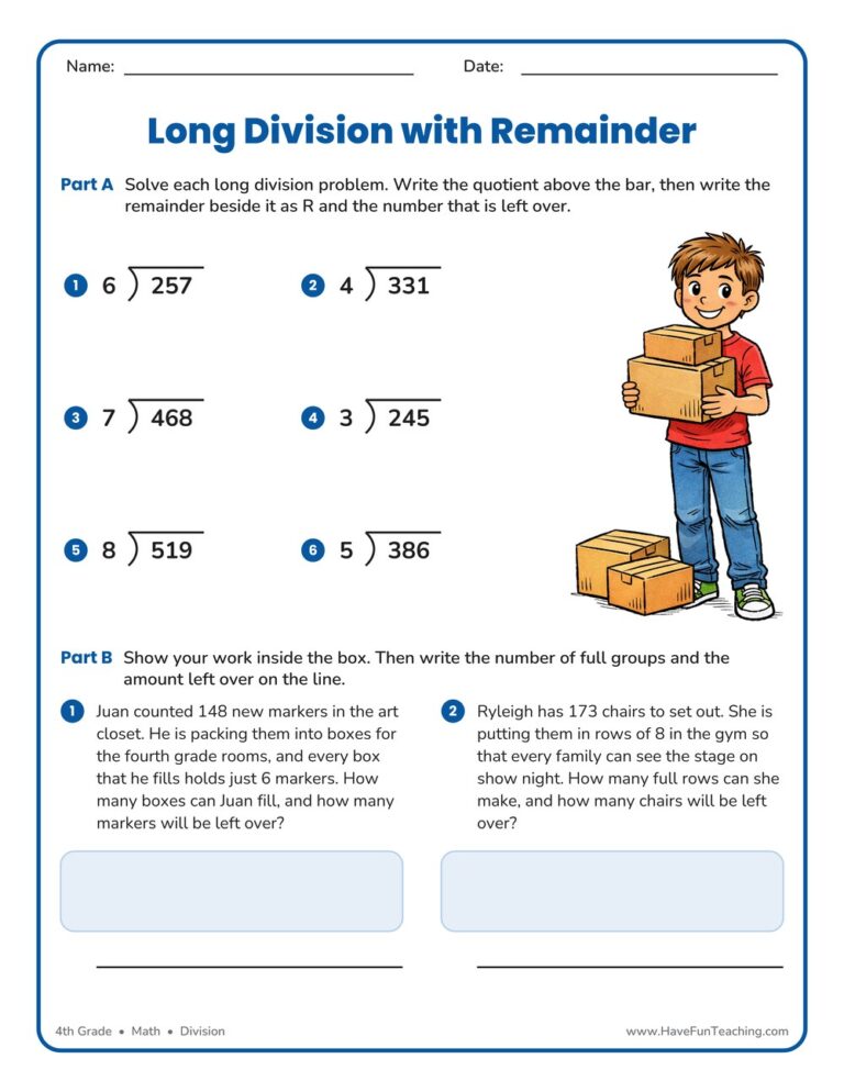 Long Division Problems with Remainders Worksheet