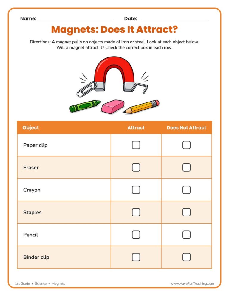 Classroom Objects Magnet Attraction Worksheet