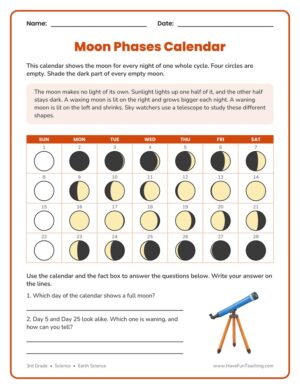 3rd Grade moon phases calendar earth science worksheet