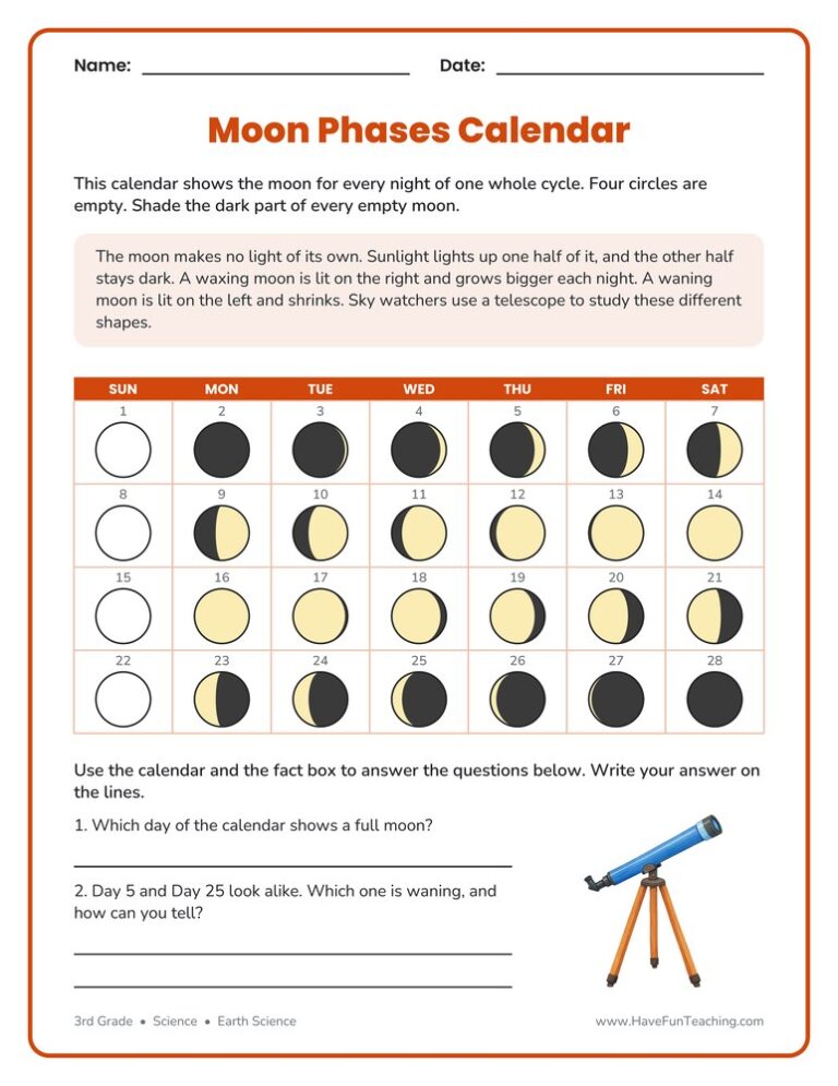 Moon Phases Calendar Worksheet