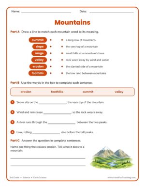 3rd Grade Mountains vocabulary worksheet - matching, word bank sentences, and erosion writing