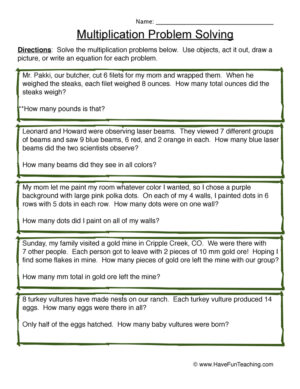 Solving Multiplication Word Problems Worksheet