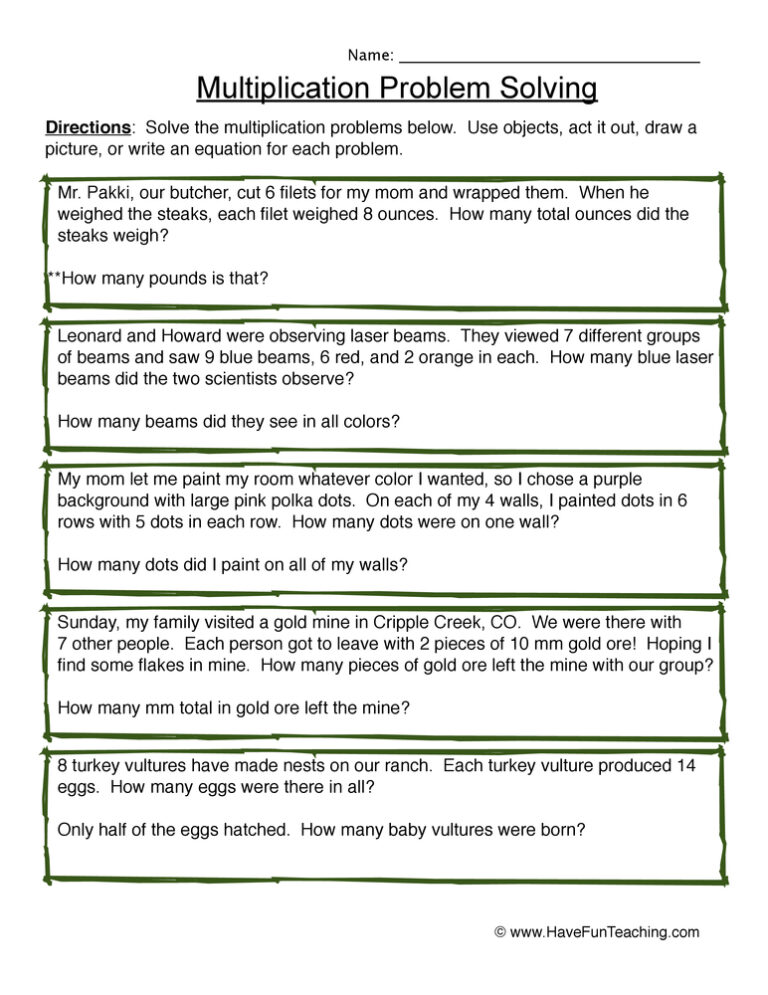 Solving Multiplication Word Problems Worksheet